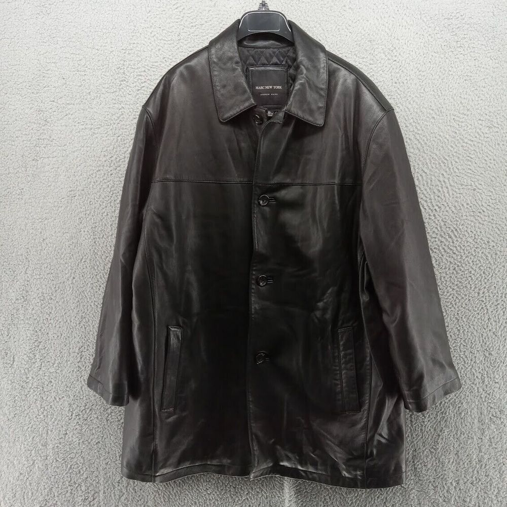 Andrew Marc Leather Jacket Mens XL Black Soft Calfskin Button Close Longer Style